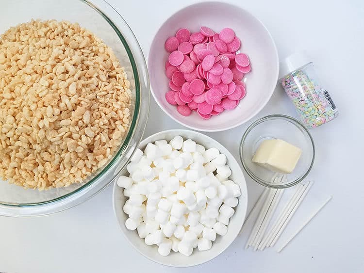 easter rice krispies pops ingredients on white table
