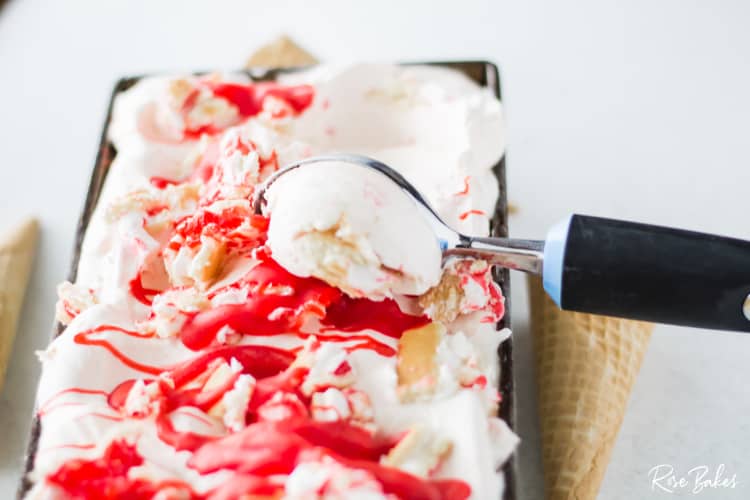 Little Debbie Strawberry Shortcake Rolls Ice Cream Recipe Being scooped out of pan