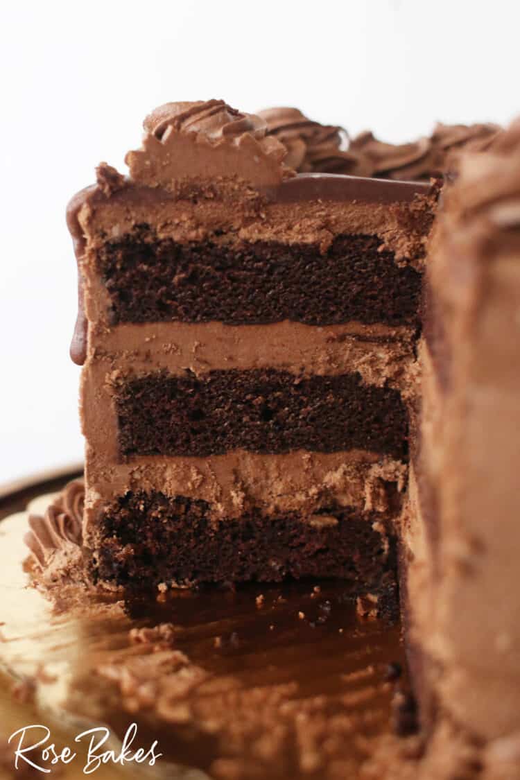 The inside view of the gluten-free, soy-free, egg-free, dairy-free chocolate cake with chocolate frosting.  There are 3 layers of cake filled with frosting.