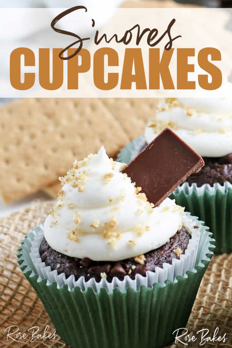 S'mores Cupcake with chocolate bars and sprinkles of graham cracker crumbs with Pinterest text overlay