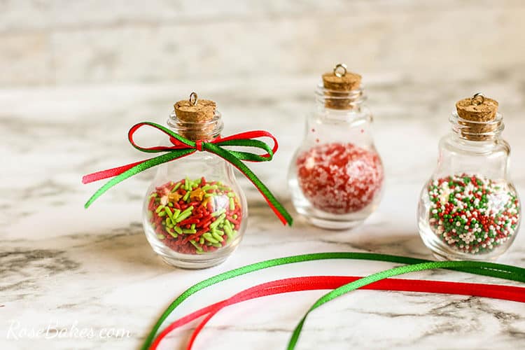 adding ribbons to sprinkles ornaments