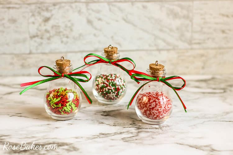 finished diy sprinkles ornaments on a marble table