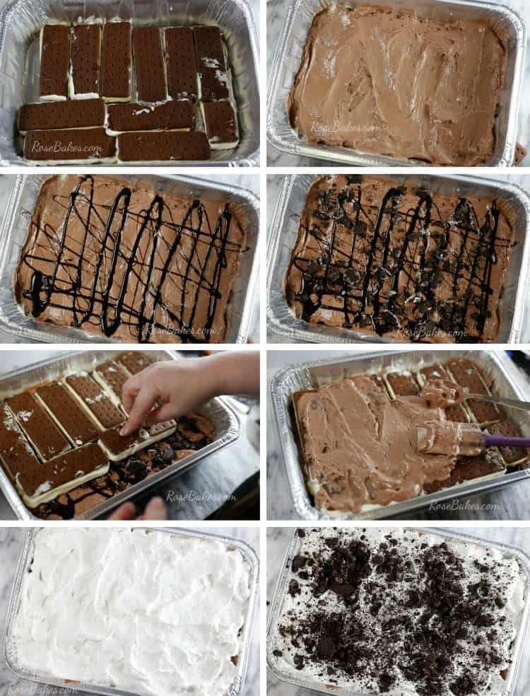 Step by step photos of the ice cream sandwich cake being assembled.