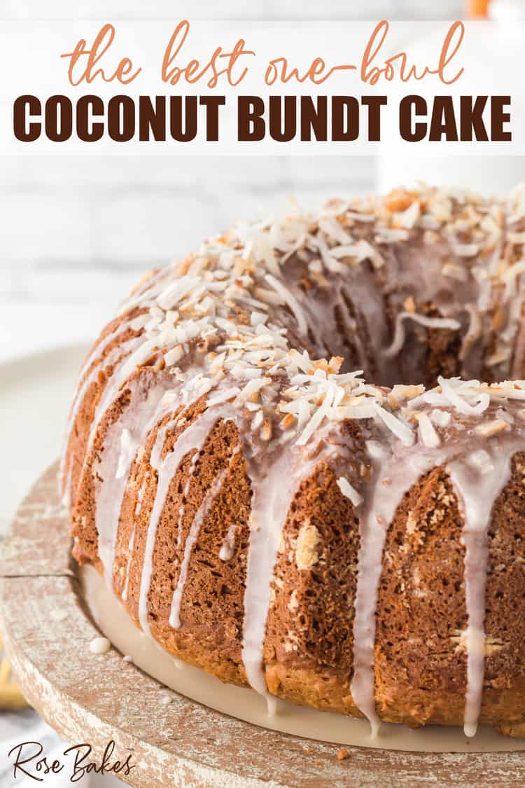 Coconut Bundt Cake with glaze and sprinkled with lightly toasted coconut