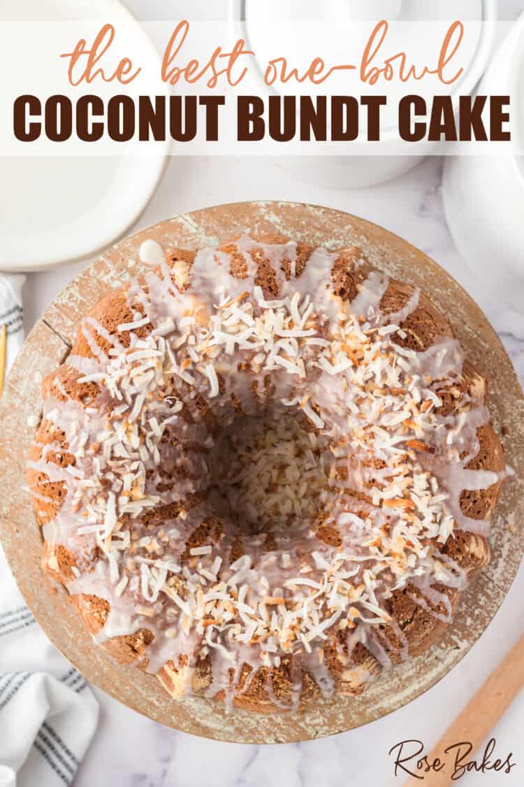 top view of Coconut Bundt Cake with glaze and sprinkled with lightly toasted coconut