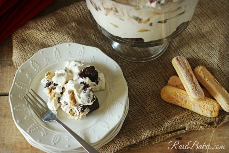 Tiramisu Brownie Trifle Dessert on a white plate