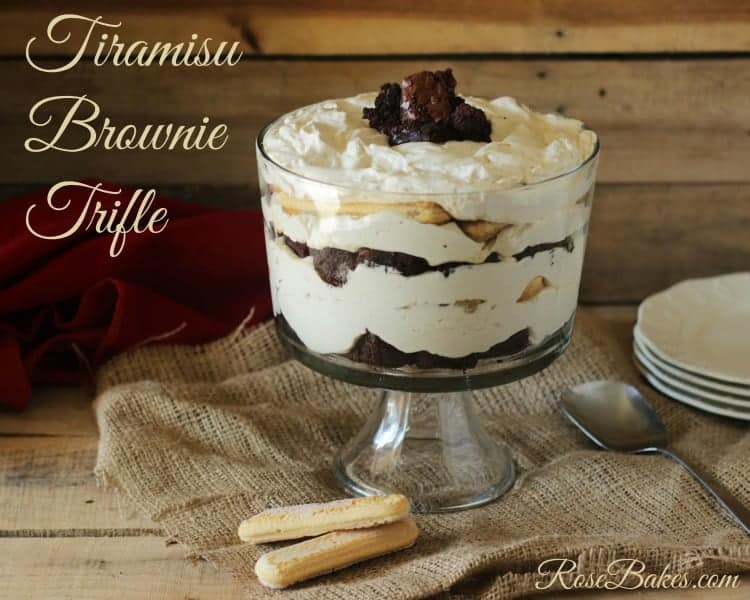 Tiramisu Brownie Trifle layered in a clear trifle dish