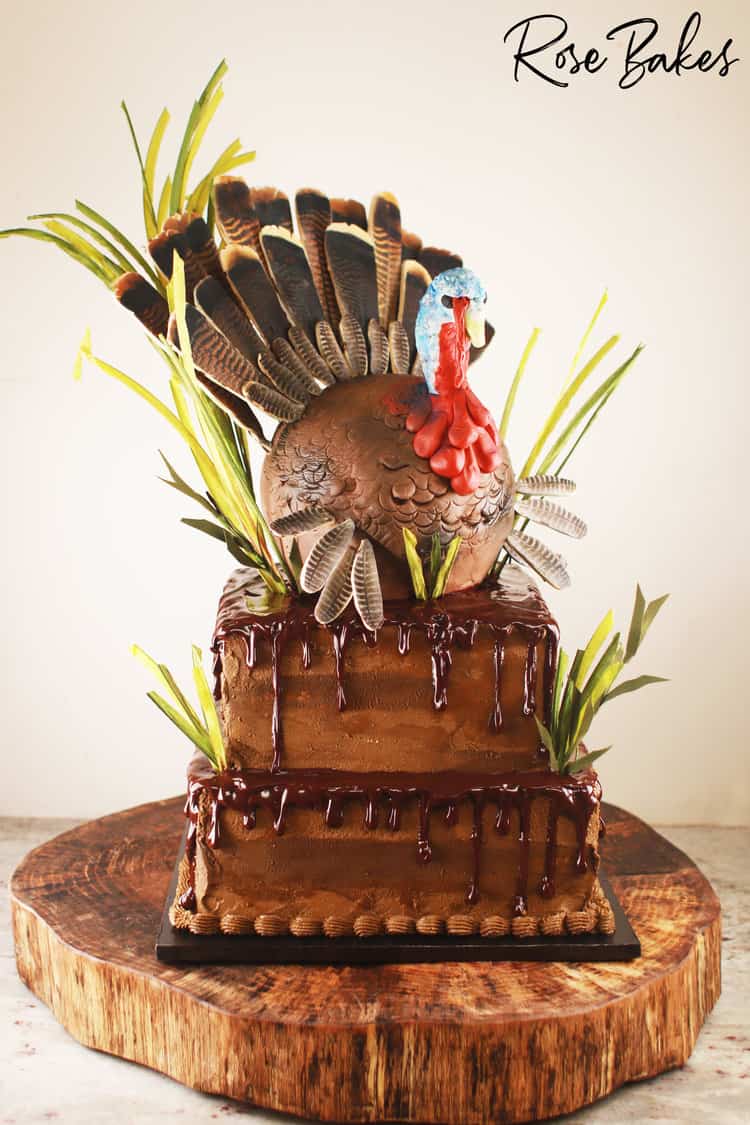 Two tiered brown square cakes with chocolate ganache drip with a turkey topper with realistic feathers and cattails around the cake. The cake is displayed on a tree stump stand.