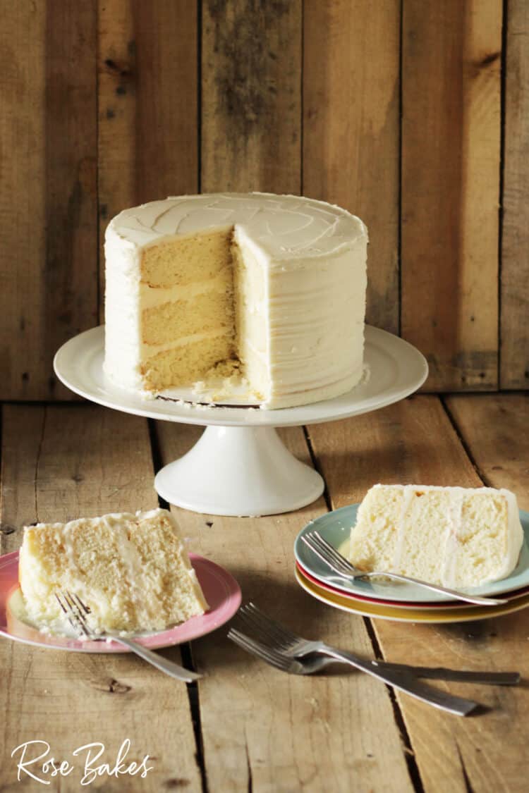 Vanilla Bean Cake Recipe on white cake stand
