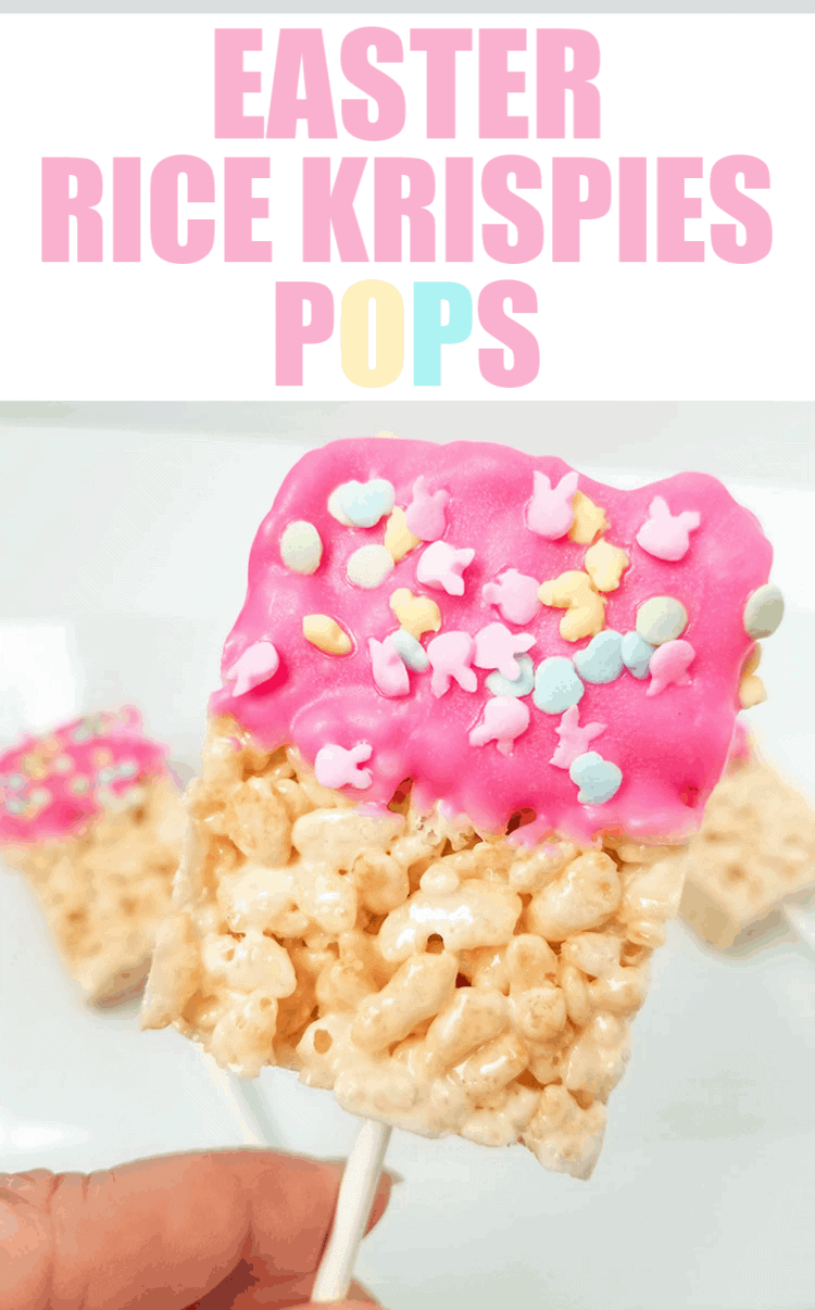 Easter Rice Krispies Pops with Pink Candy Melts and Easter Sprinkles and text